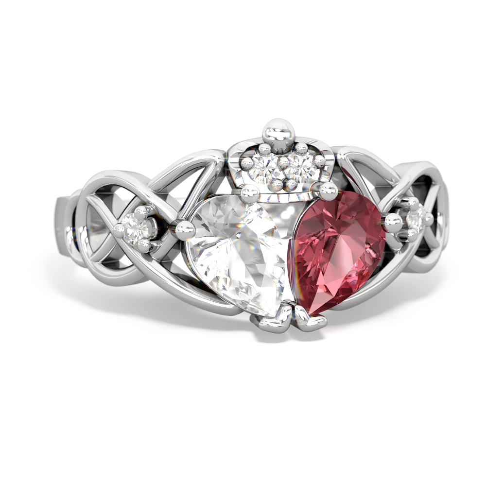 Pink Tourmaline 'One Heart' Celtic Knot Claddagh 14K White Gold ring R5322