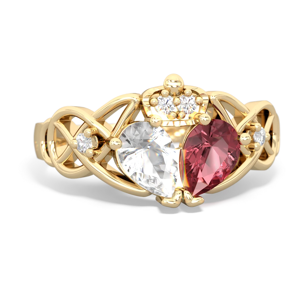 Pink Tourmaline 'One Heart' Celtic Knot Claddagh 14K Yellow Gold ring R5322