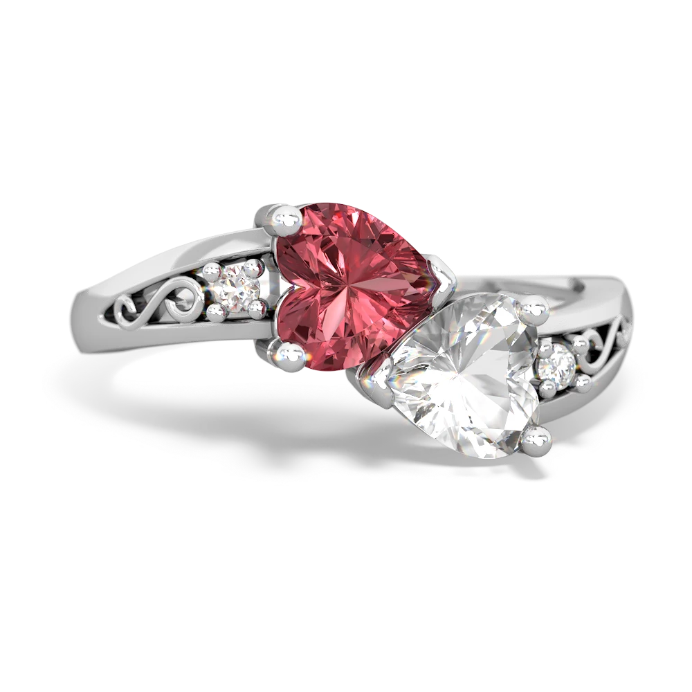 Pink Tourmaline Snuggling Hearts 14K White Gold ring R2178