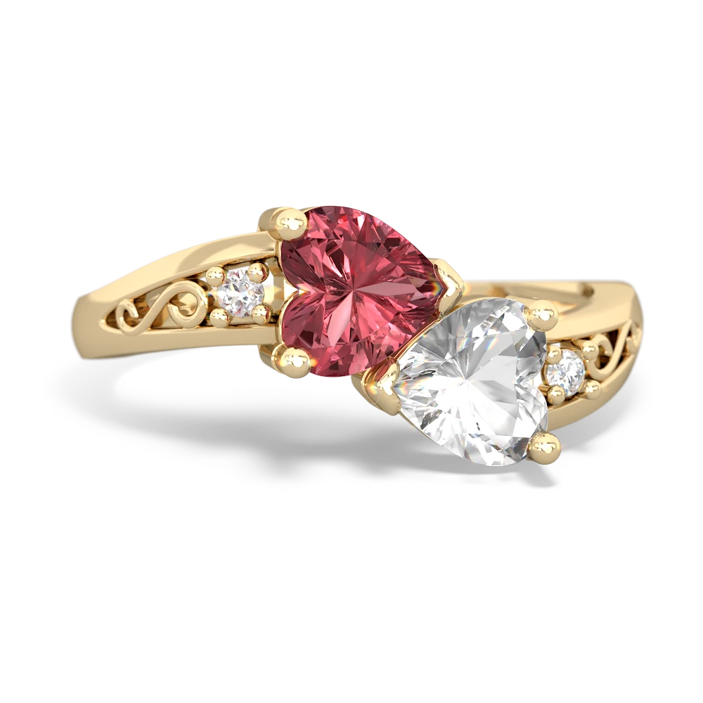 Pink Tourmaline Snuggling Hearts 14K Yellow Gold ring R2178