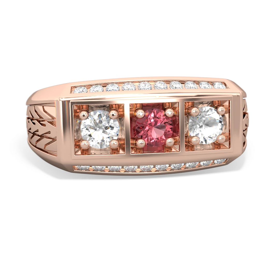 Pink Tourmaline Three Stone Tire Tread Men's 14K Rose Gold ring R0520