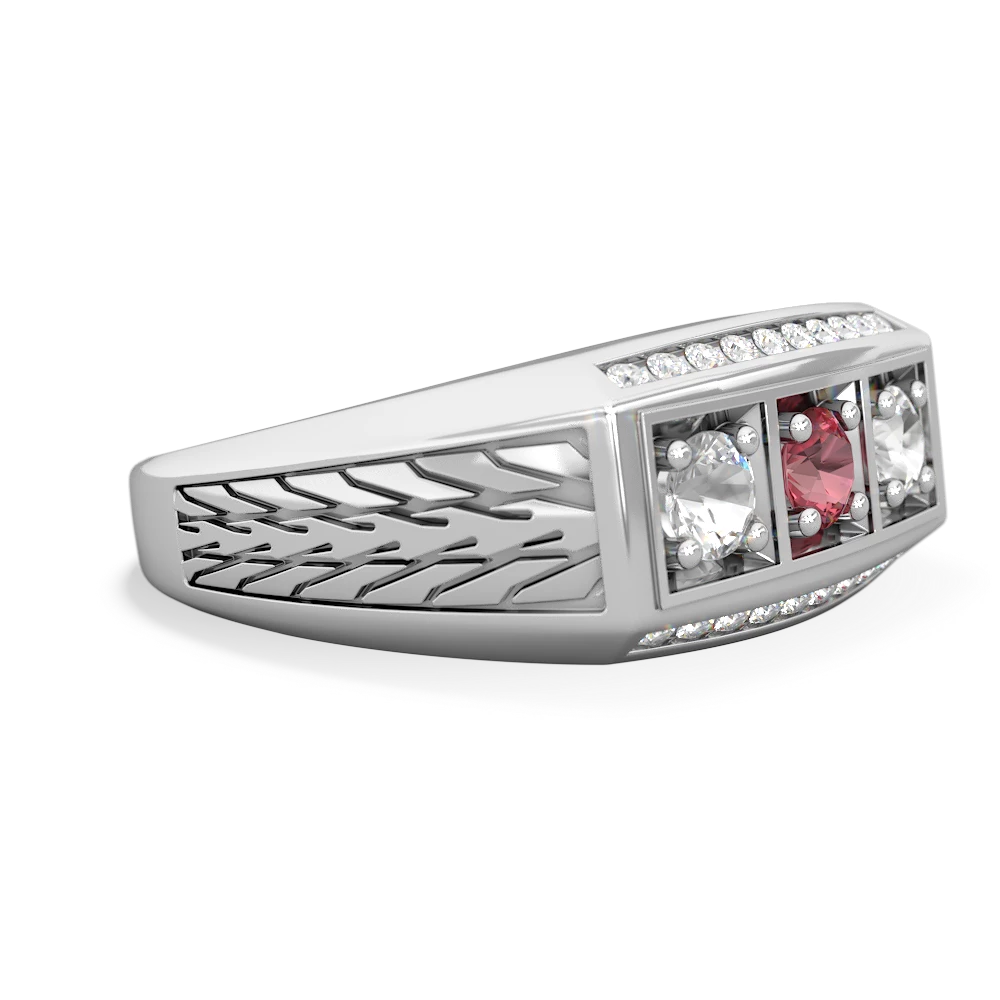 Pink Tourmaline Three Stone Tire Tread Men's 14K White Gold ring R0520