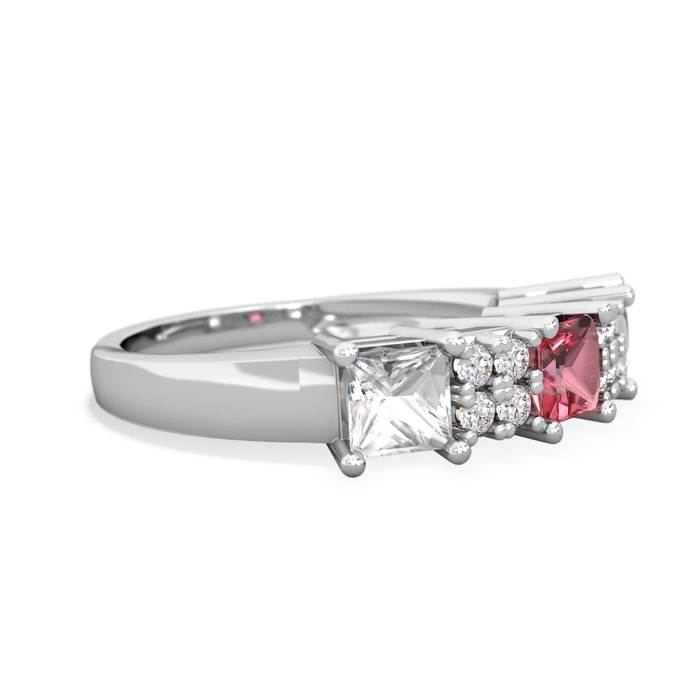 Pink Tourmaline Three Stone Diamond Cluster 14K White Gold ring R2592