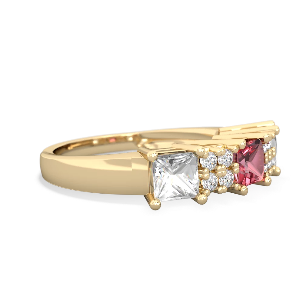 Pink Tourmaline Three Stone Diamond Cluster 14K Yellow Gold ring R2592