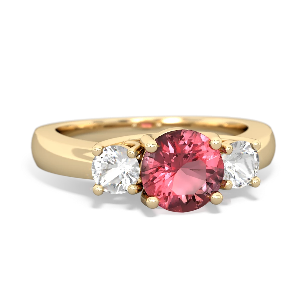 Pink Tourmaline Three Stone Round Trellis 14K Yellow Gold ring R4018