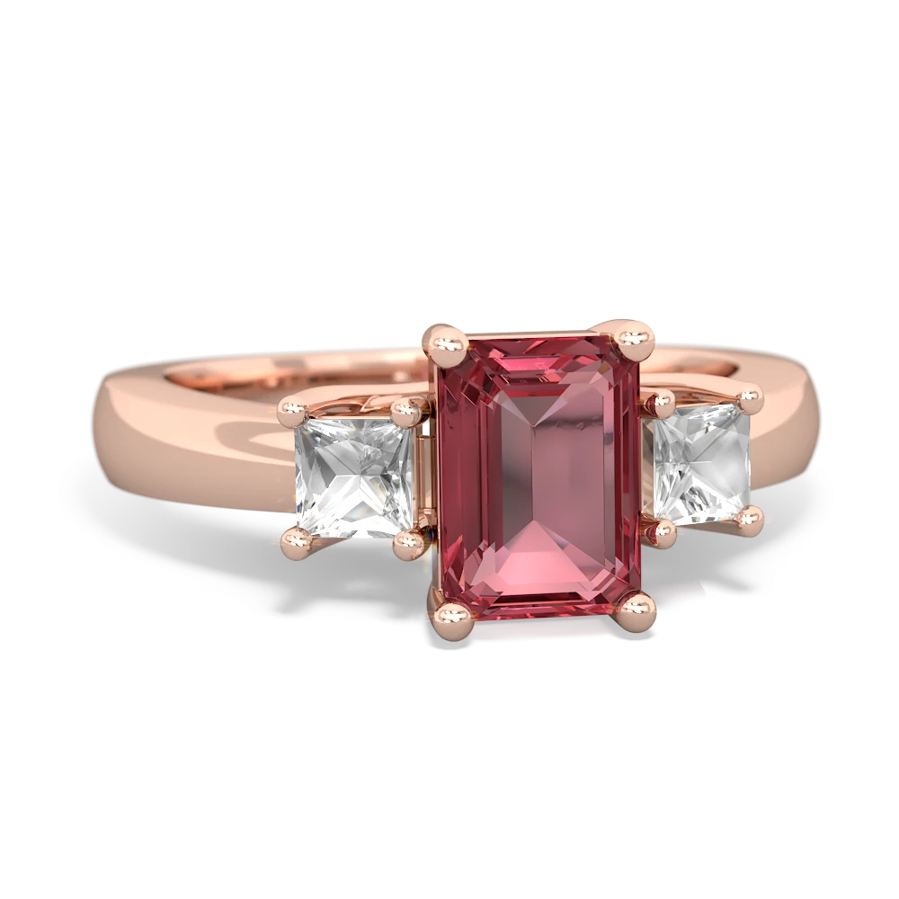 Pink Tourmaline Three Stone Emerald-Cut Trellis 14K Rose Gold ring R4021