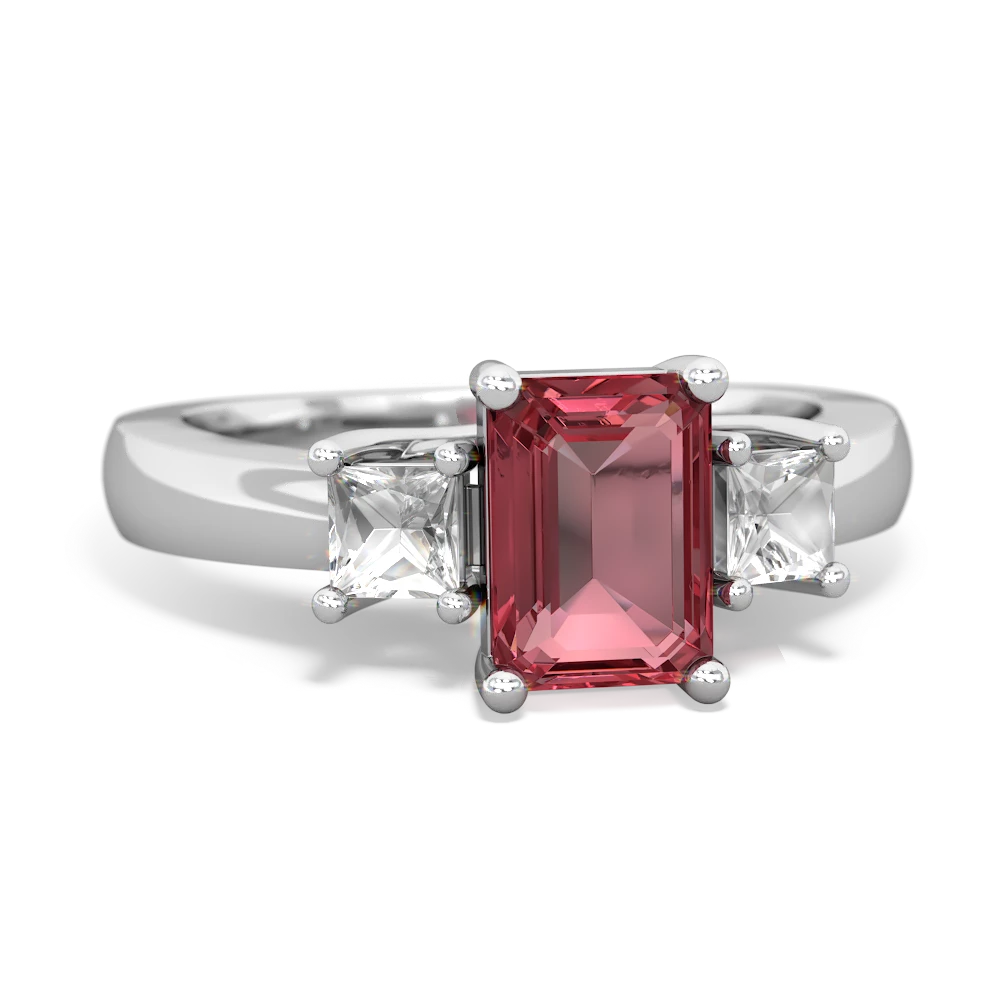 Pink Tourmaline Three Stone Emerald-Cut Trellis 14K White Gold ring R4021