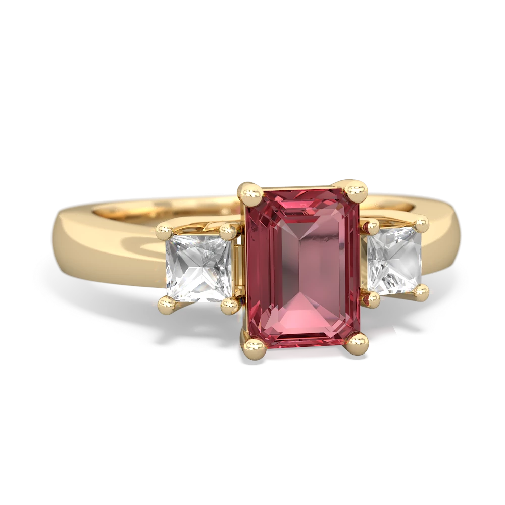 Pink Tourmaline Three Stone Emerald-Cut Trellis 14K Yellow Gold ring R4021