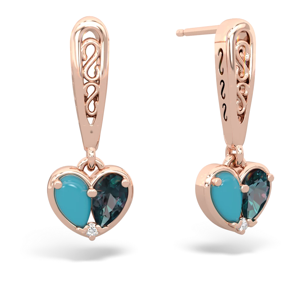 Turquoise Filligree Heart 14K Rose Gold earrings E5070