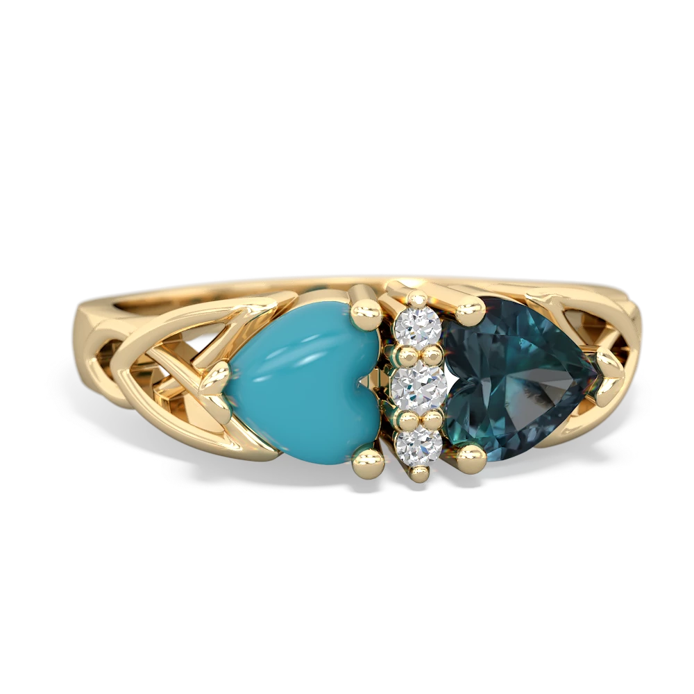 Turquoise Celtic Knot Double Heart 14K Yellow Gold ring R5040