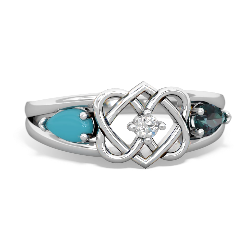 Turquoise Hearts Intertwined 14K White Gold ring R5880