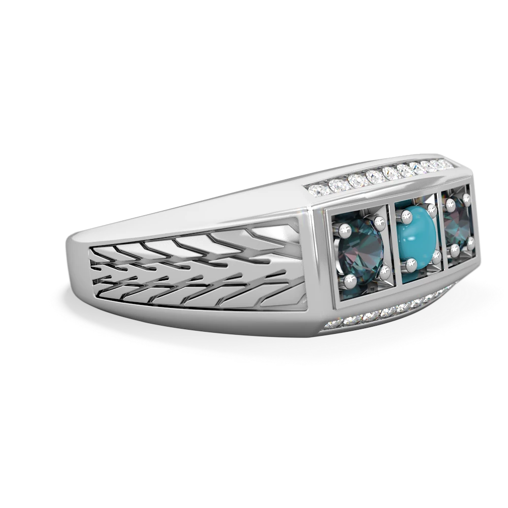 Turquoise Three Stone Tire Tread Men's 14K White Gold ring R0520