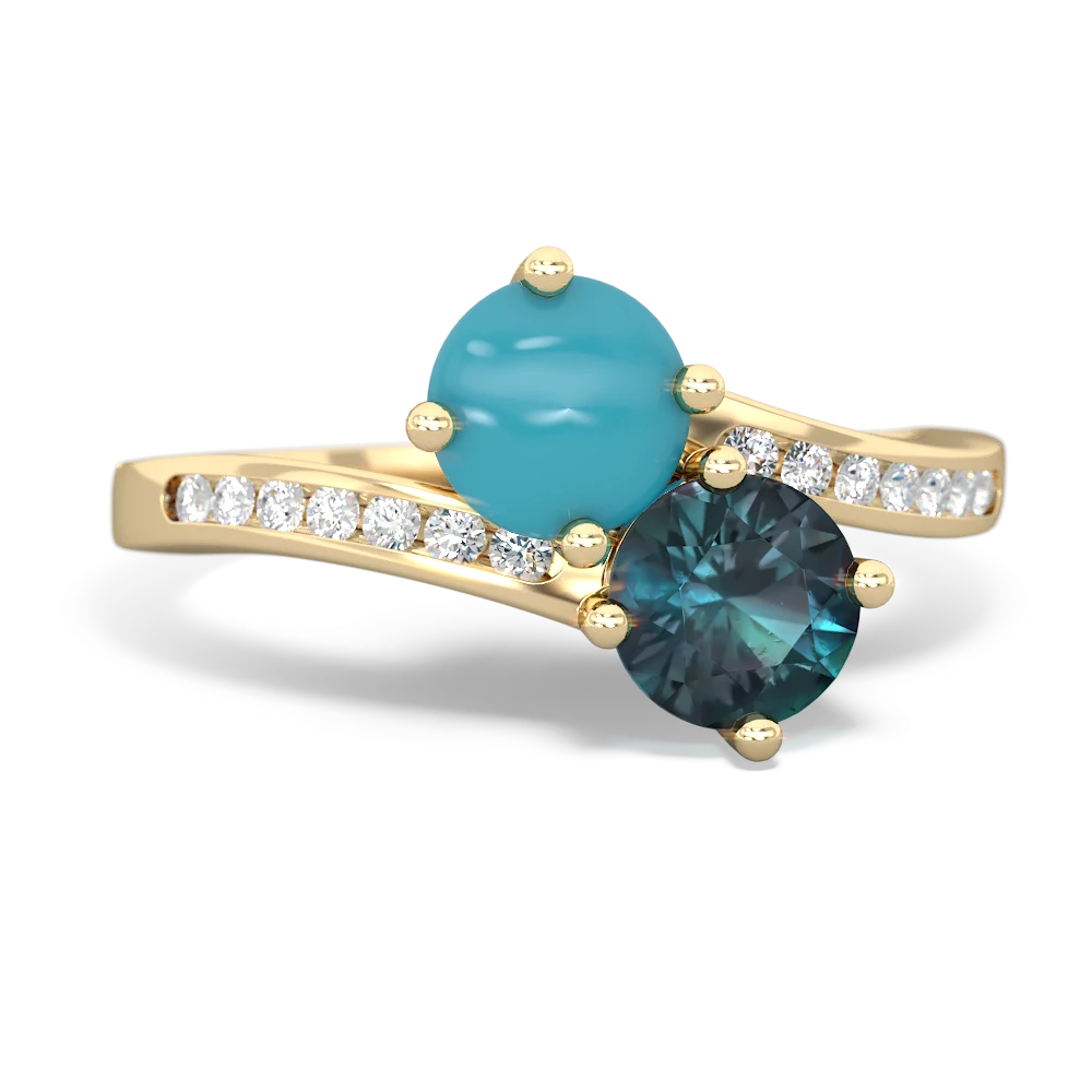 Turquoise Channel Set Two Stone 14K Yellow Gold ring R5303