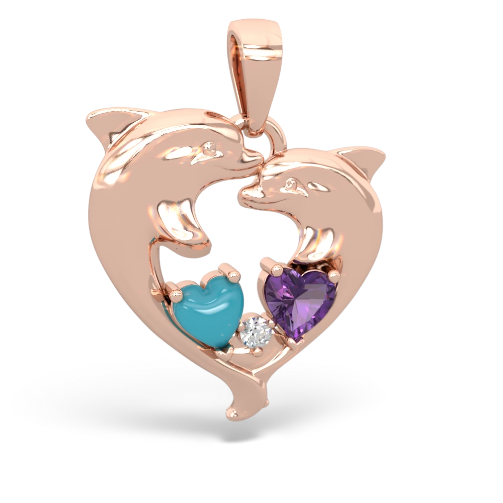 Turquoise Dolphin Heart 14K Rose Gold pendant P5820