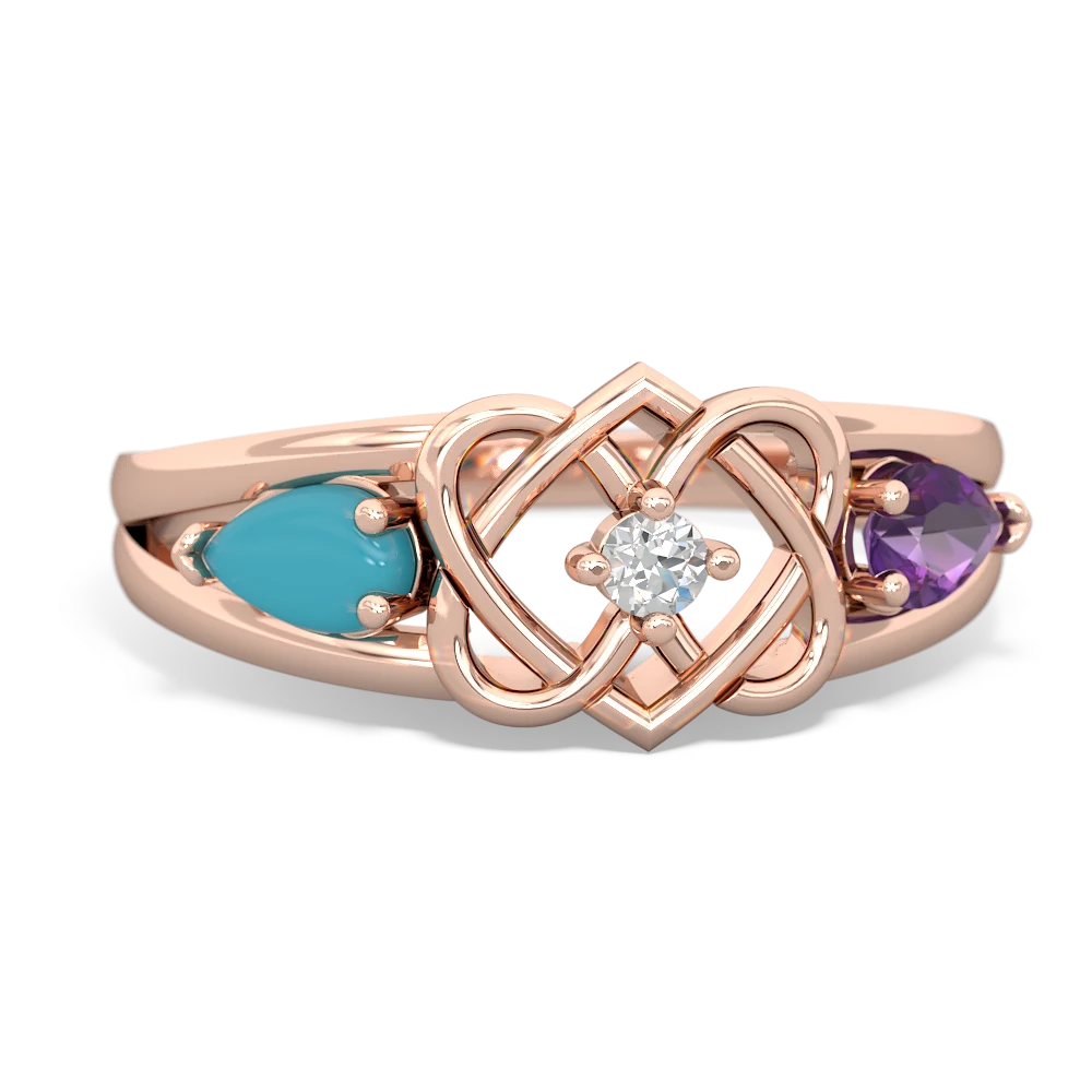 Turquoise Hearts Intertwined 14K Rose Gold ring R5880