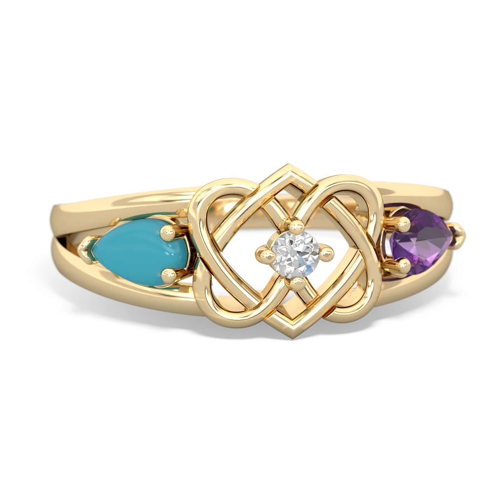 Turquoise Hearts Intertwined 14K Yellow Gold ring R5880