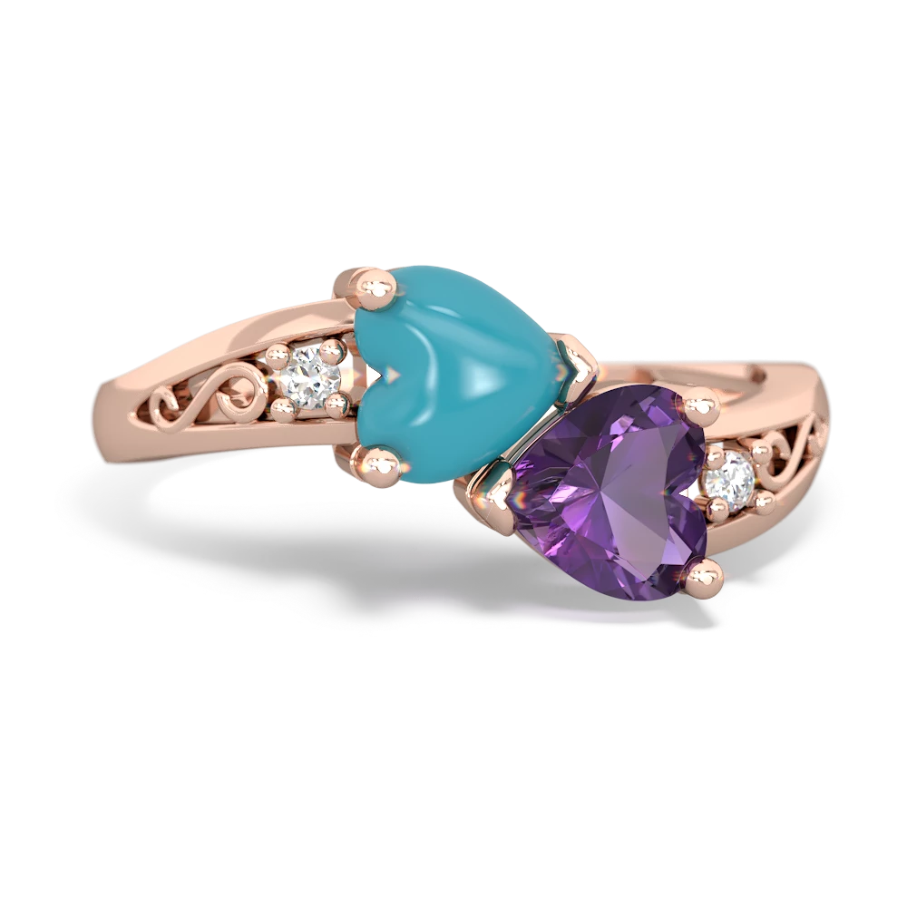 Turquoise Snuggling Hearts 14K Rose Gold ring R2178