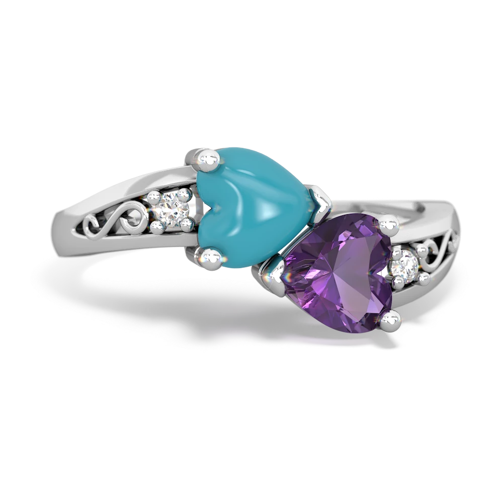 Turquoise Snuggling Hearts 14K White Gold ring R2178