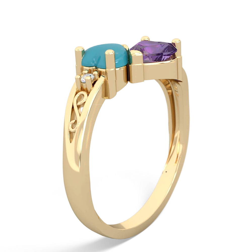 Turquoise Snuggling Hearts 14K Yellow Gold ring R2178