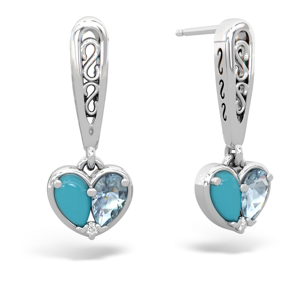 Turquoise Filligree Heart 14K White Gold earrings E5070