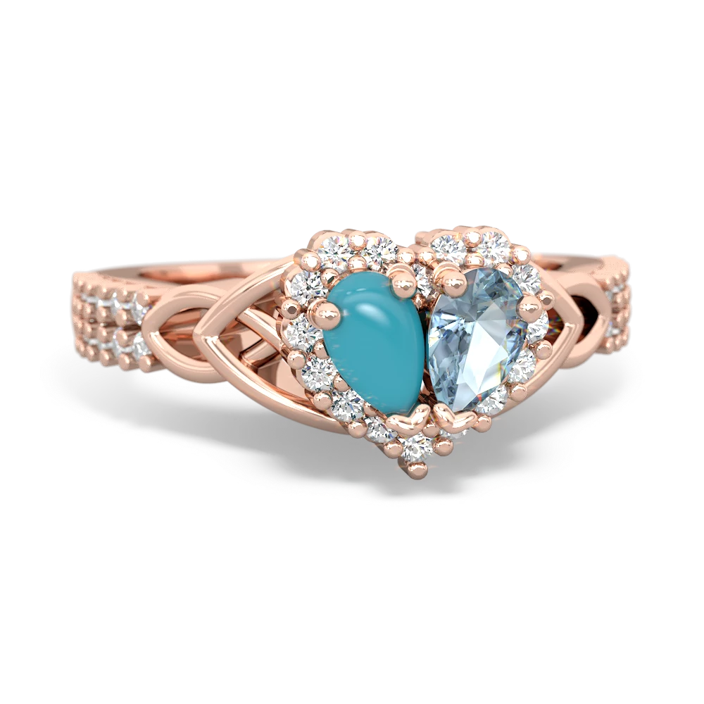 Turquoise Celtic Knot Two Hearts As One 14K Rose Gold ring R2644HRT