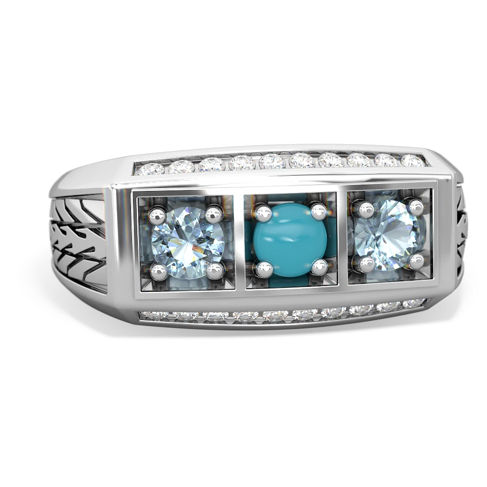 Turquoise Three Stone Tire Tread Men's 14K White Gold ring R0520