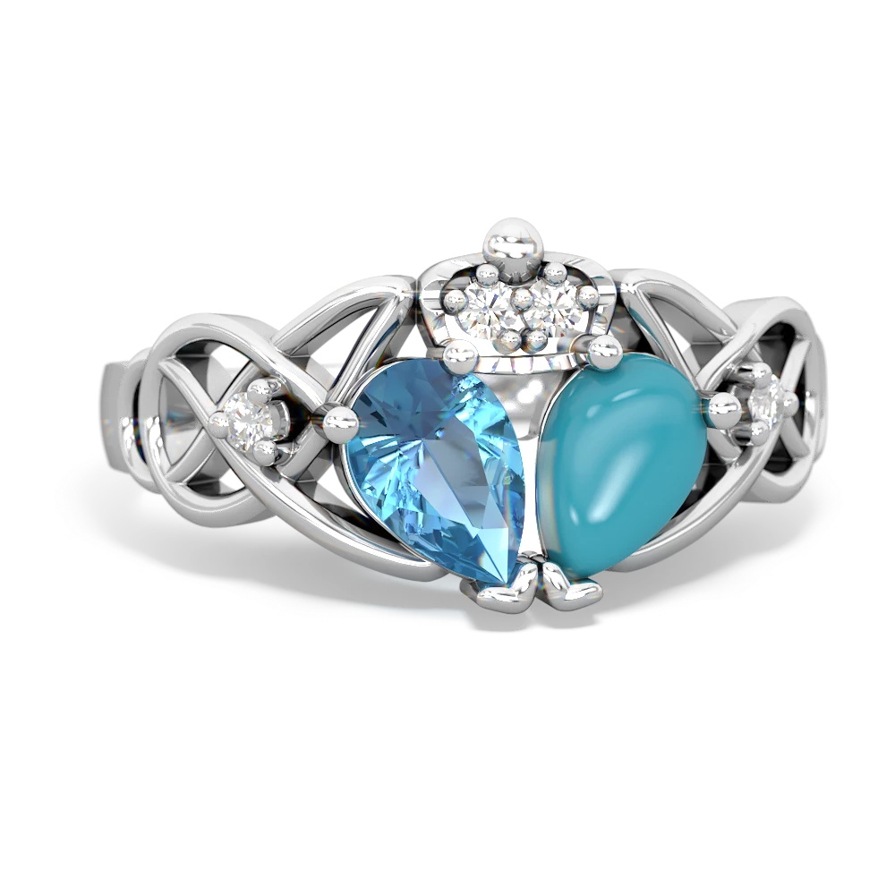 Turquoise 'One Heart' Celtic Knot Claddagh 14K White Gold ring R5322