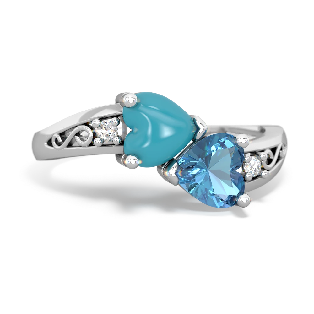 Turquoise Snuggling Hearts 14K White Gold ring R2178