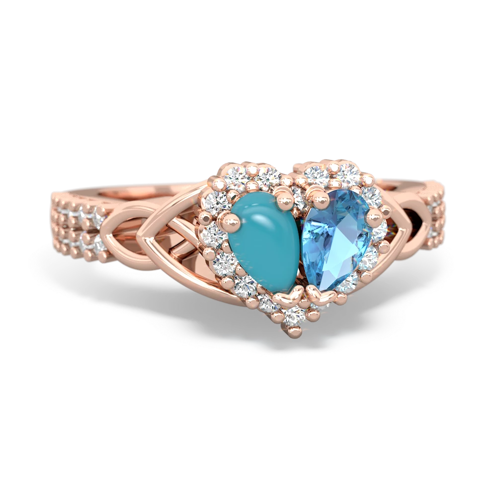 Turquoise Celtic Knot Two Hearts As One 14K Rose Gold ring R2644HRT