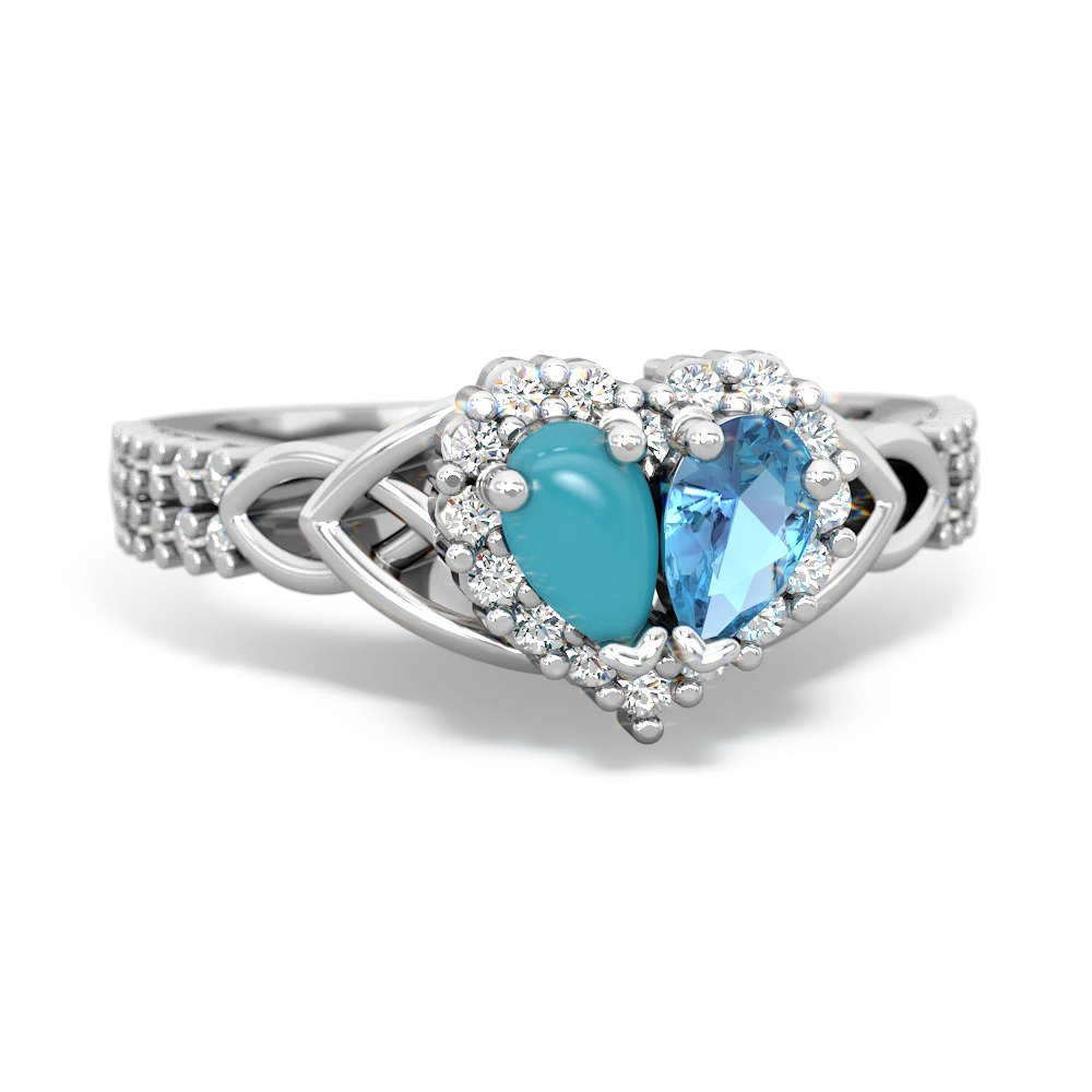 Turquoise Celtic Knot Two Hearts As One 14K White Gold ring R2644HRT