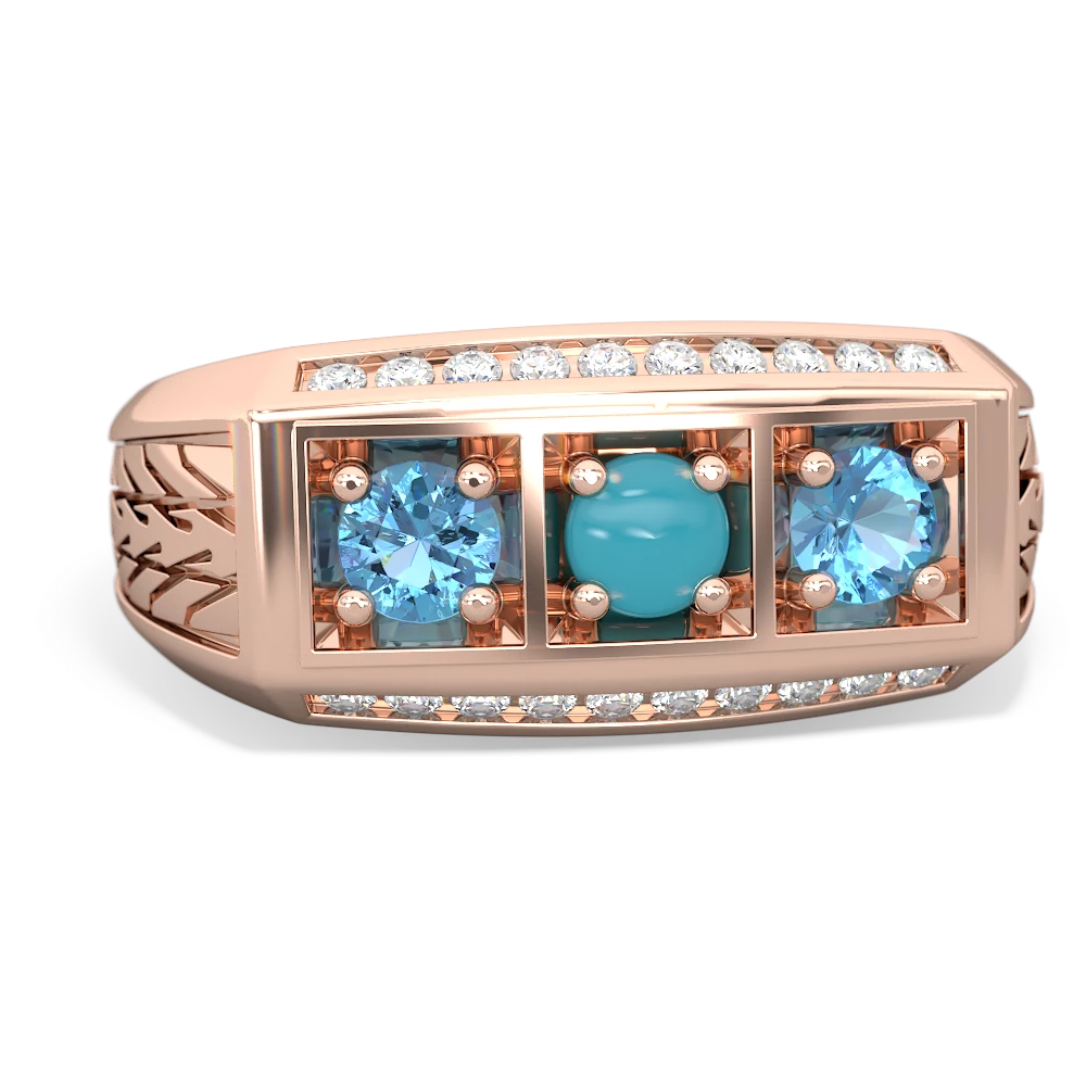 Turquoise Three Stone Tire Tread Men's 14K Rose Gold ring R0520