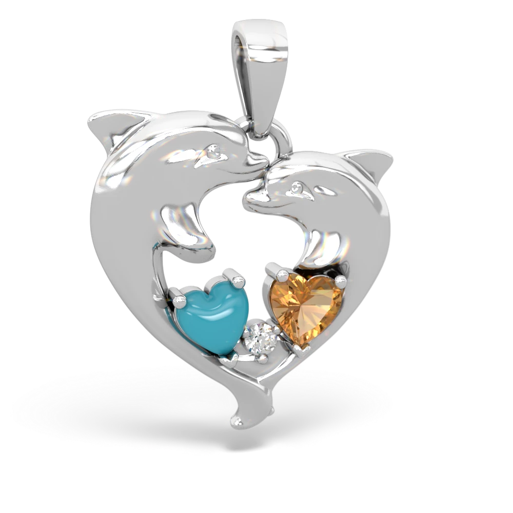 Turquoise Dolphin Heart 14K White Gold pendant P5820