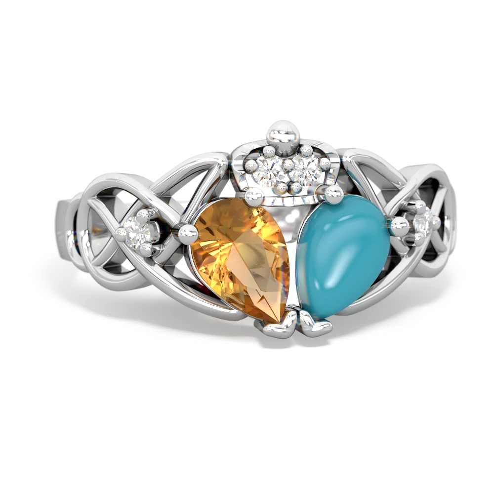 Turquoise 'One Heart' Celtic Knot Claddagh 14K White Gold ring R5322