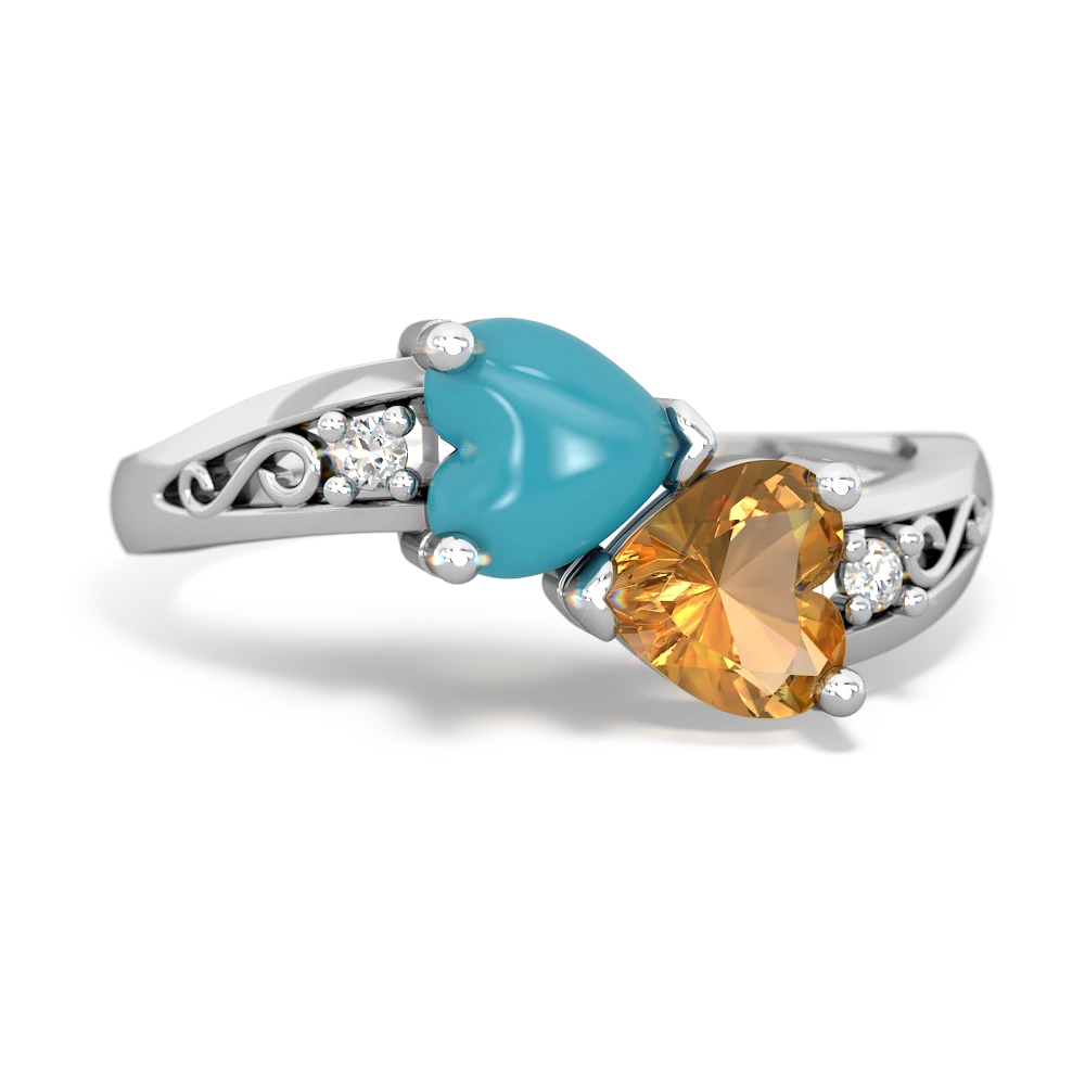 Turquoise Snuggling Hearts 14K White Gold ring R2178