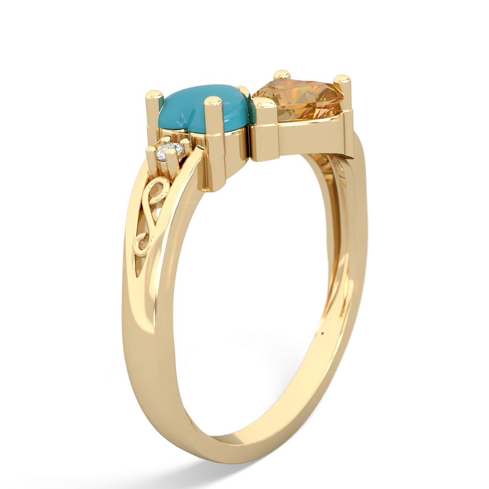 Turquoise Snuggling Hearts 14K Yellow Gold ring R2178