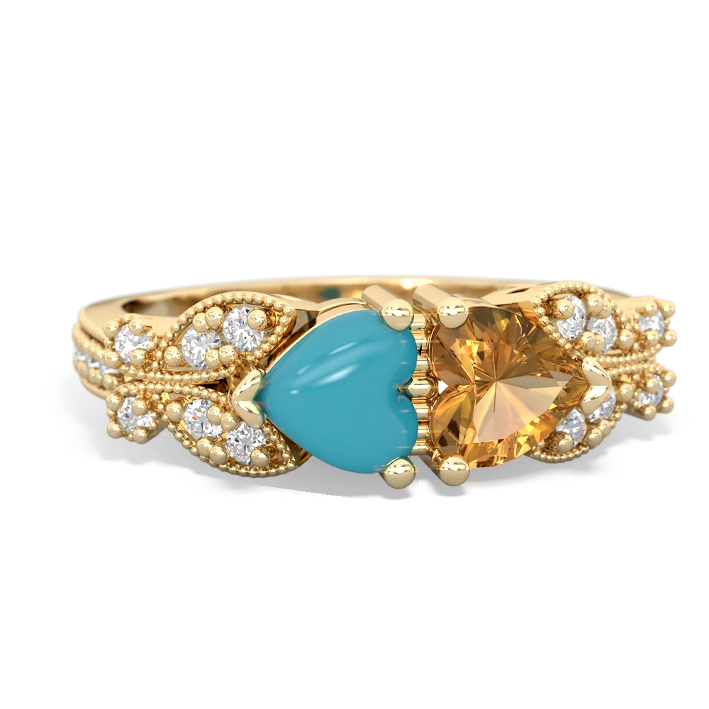 Turquoise Diamond Butterflies 14K Yellow Gold ring R5601