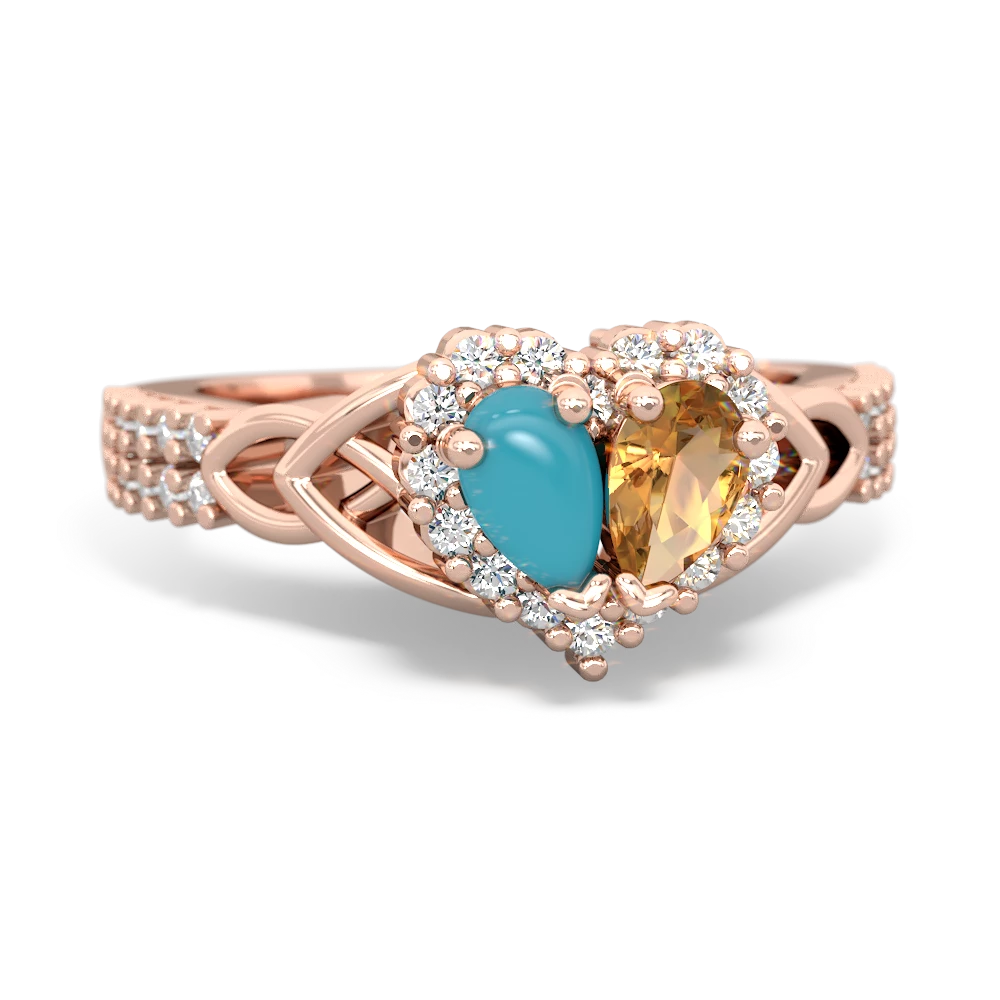Turquoise Celtic Knot Two Hearts As One 14K Rose Gold ring R2644HRT