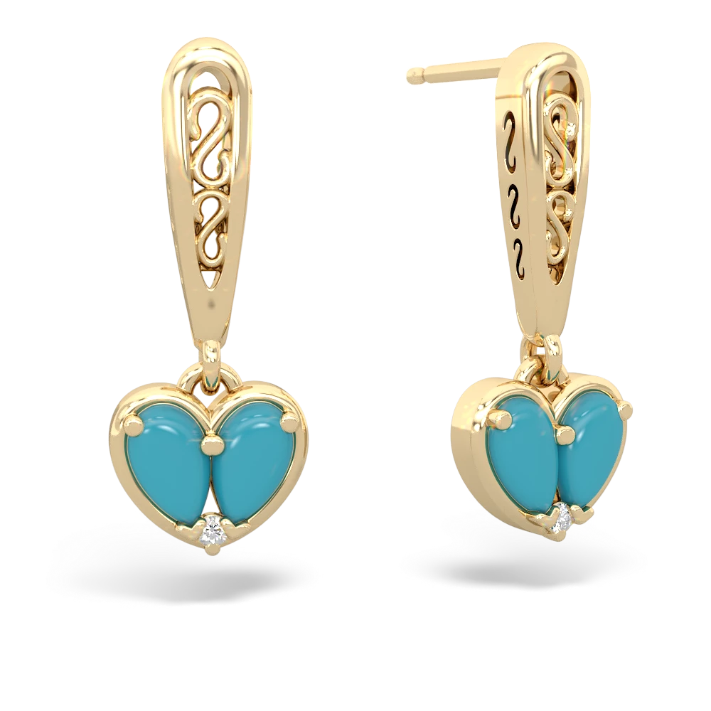 Turquoise Filligree Heart 14K Yellow Gold earrings E5070