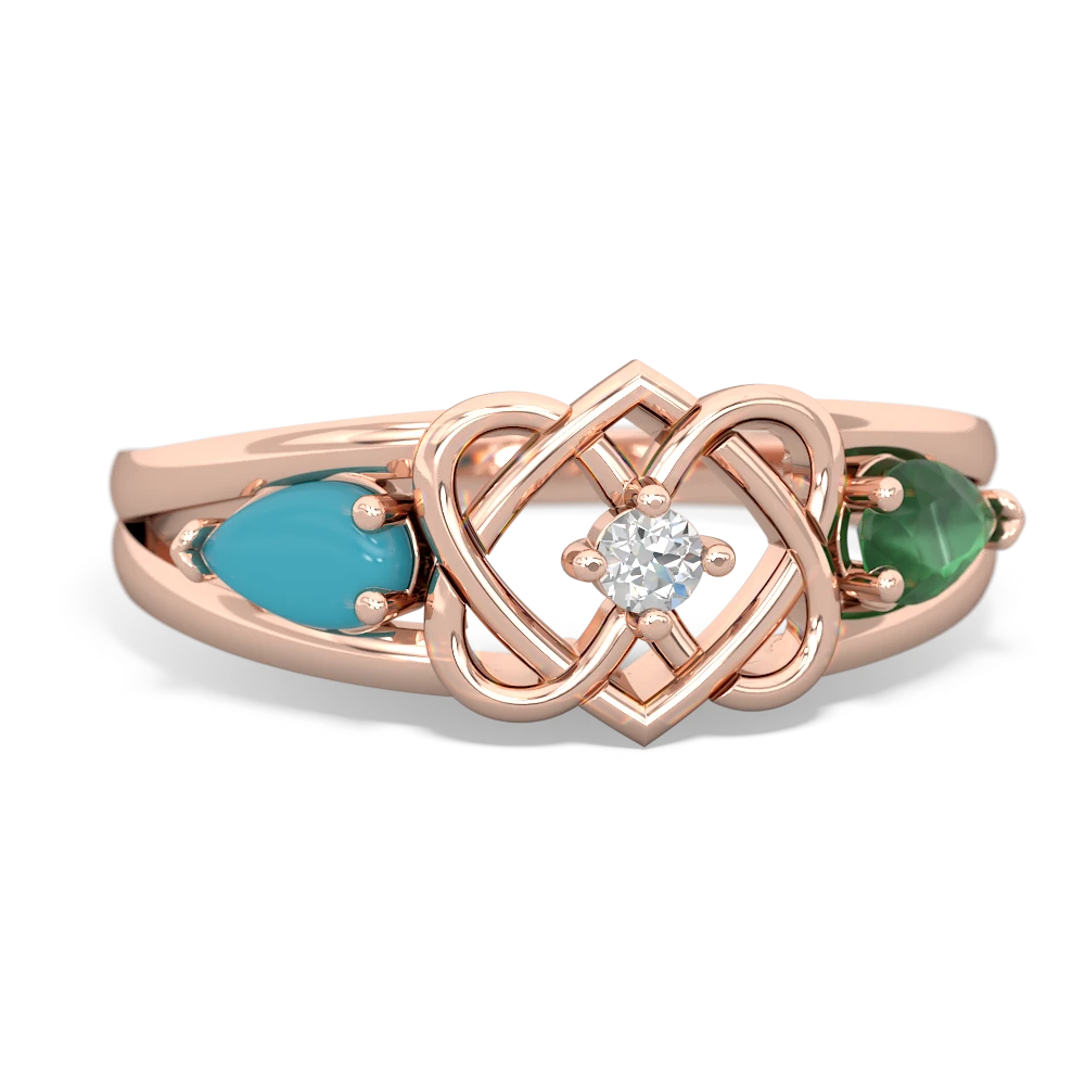 Turquoise Hearts Intertwined 14K Rose Gold ring R5880