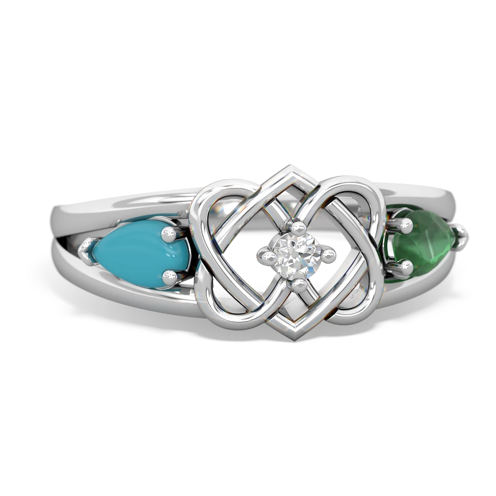 Turquoise Hearts Intertwined 14K White Gold ring R5880