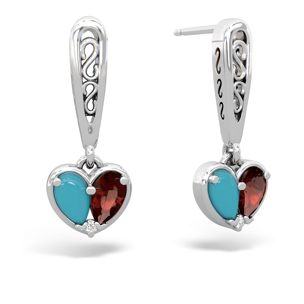 Turquoise Filligree Heart 14K White Gold earrings E5070