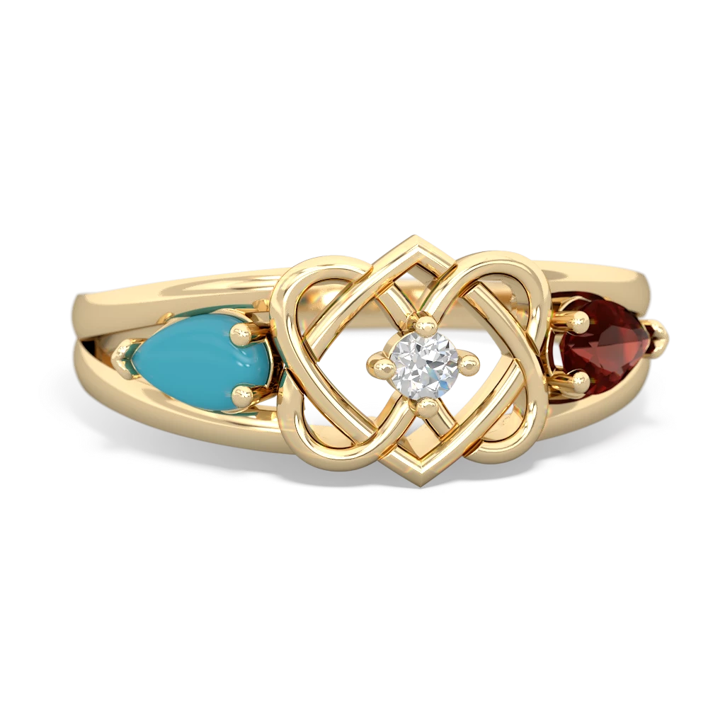 Turquoise Hearts Intertwined 14K Yellow Gold ring R5880