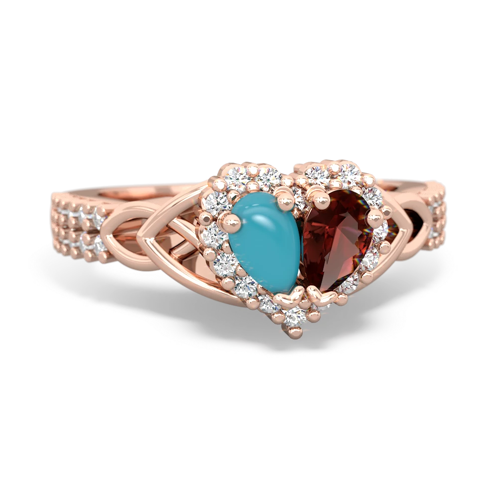 Turquoise Celtic Knot Two Hearts As One 14K Rose Gold ring R2644HRT