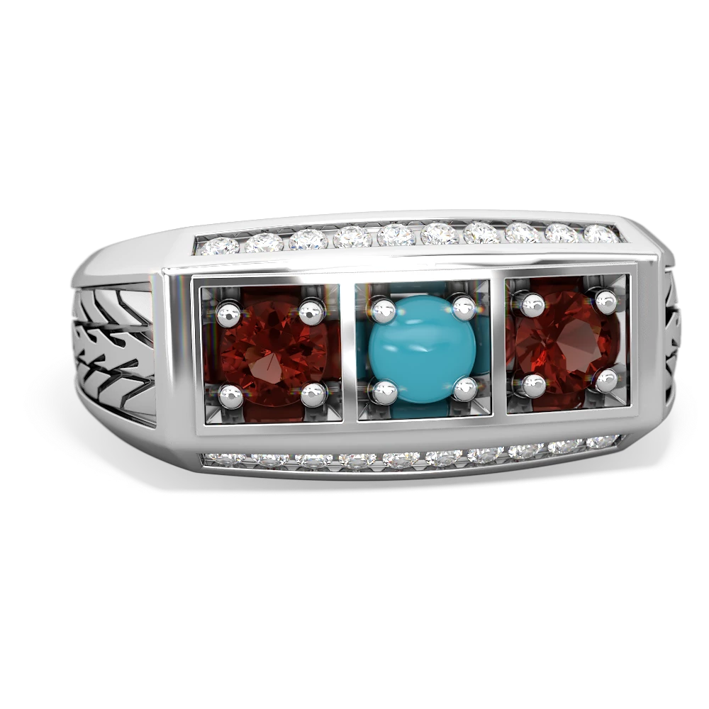 Turquoise Three Stone Tire Tread Men's 14K White Gold ring R0520