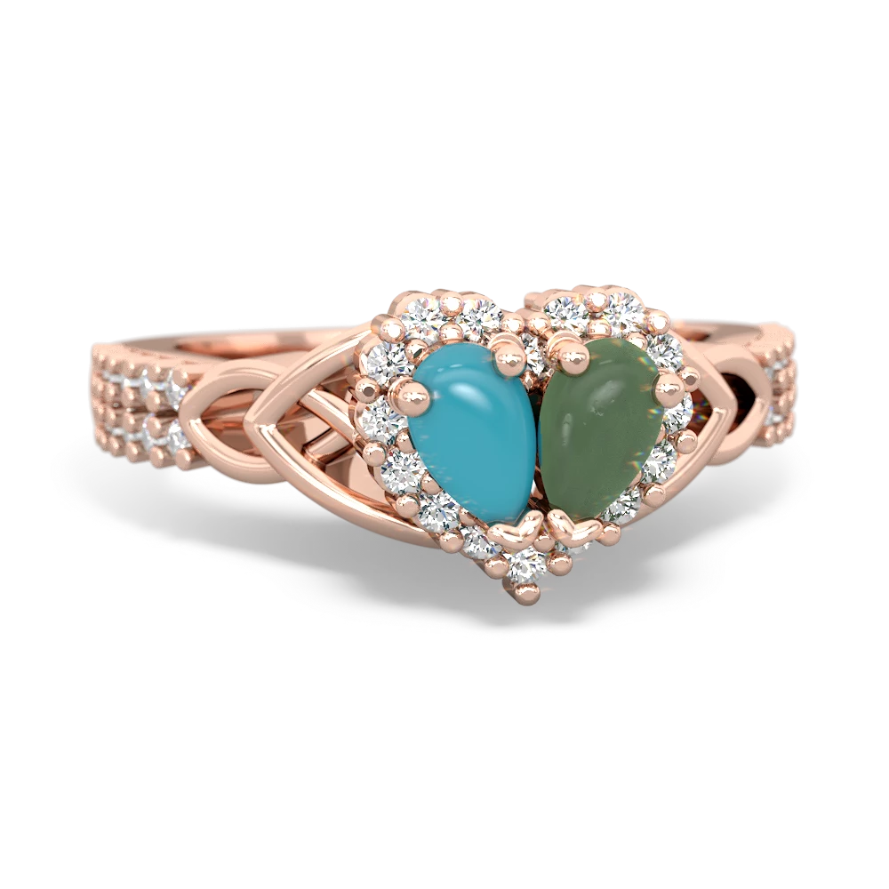 Turquoise Celtic Knot Two Hearts As One 14K Rose Gold ring R2644HRT
