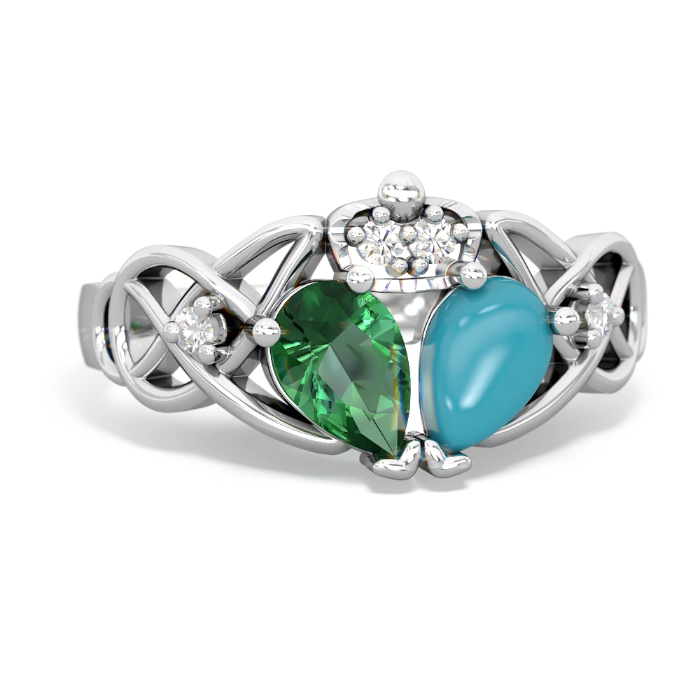 Turquoise 'One Heart' Celtic Knot Claddagh 14K White Gold ring R5322