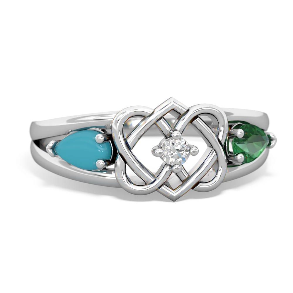 Turquoise Hearts Intertwined 14K White Gold ring R5880
