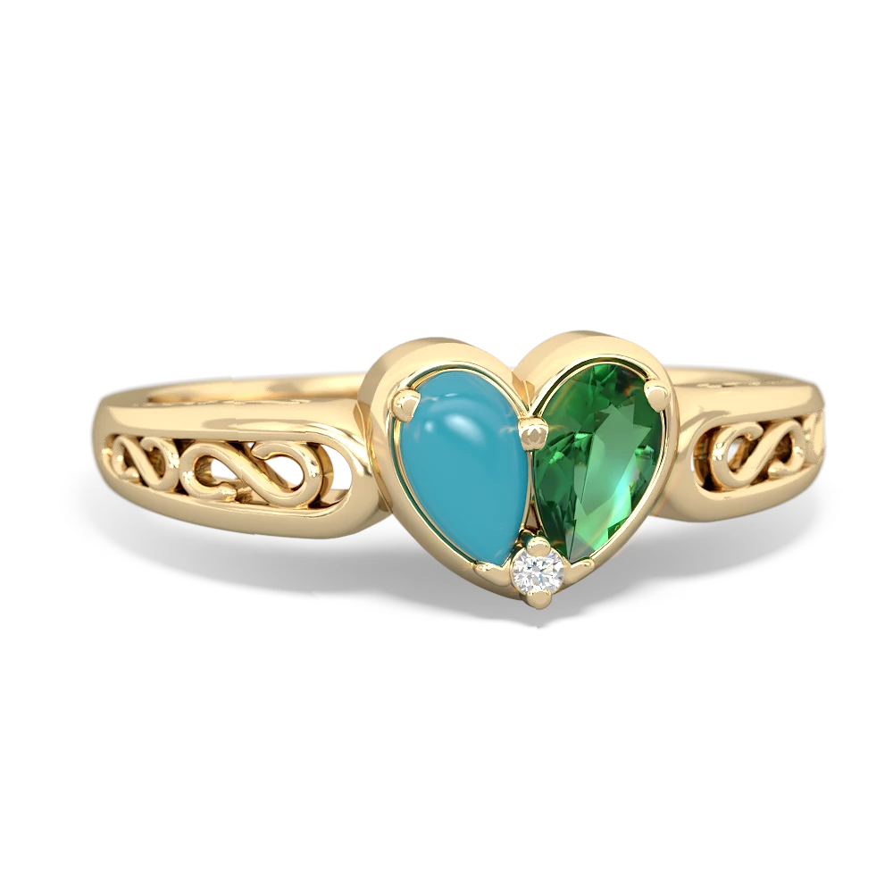 Turquoise Filligree 'One Heart' 14K Yellow Gold ring R5070