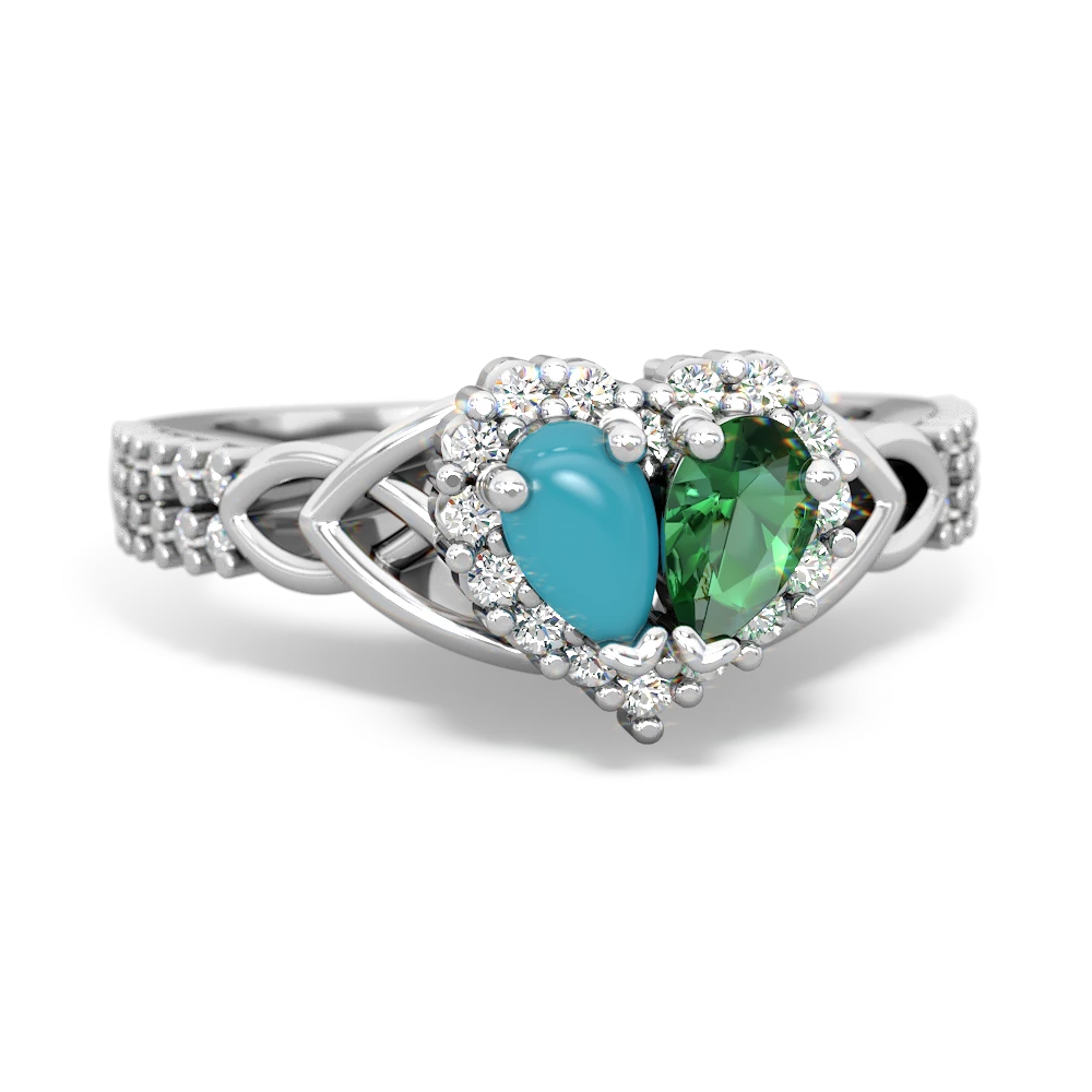 Turquoise Celtic Knot Two Hearts As One 14K White Gold ring R2644HRT