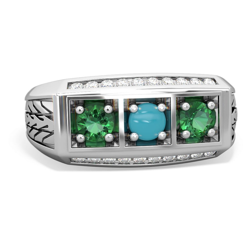 Turquoise Three Stone Tire Tread Men's 14K White Gold ring R0520